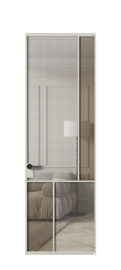 Межкомнатная дверь Mosaic АЛПЛ041.21 Алюминий тёплый серый Декоративное стекло с сеткой "Mesh silver", триплекс, 6 мм + Прозрачное бронзовое стекло, триплекс Цена 166090 ₽ | Volhovec