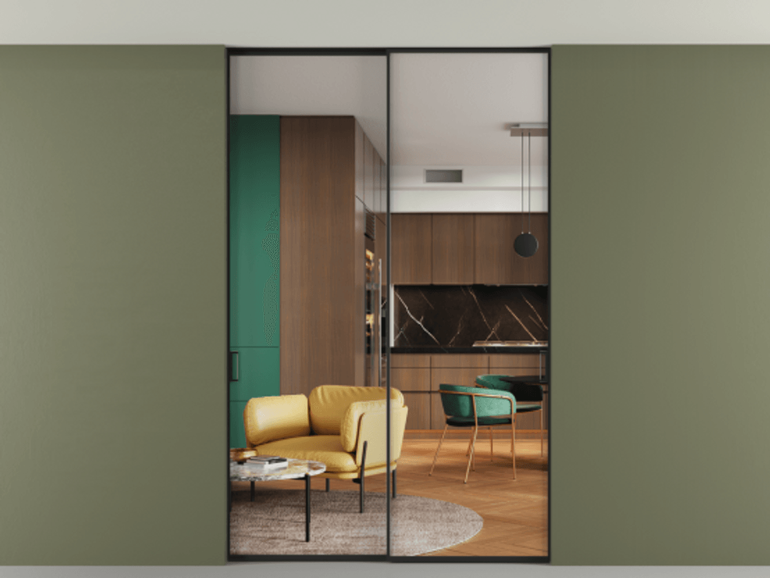 Перегородка Formato внутри проёма скрытое крепление в потолок 2 створки АЛПР 040.01 Алюминий Черный Прозрачное стекло "Crystal Vision", калёное Цена 58090480 so'm | Volhovec