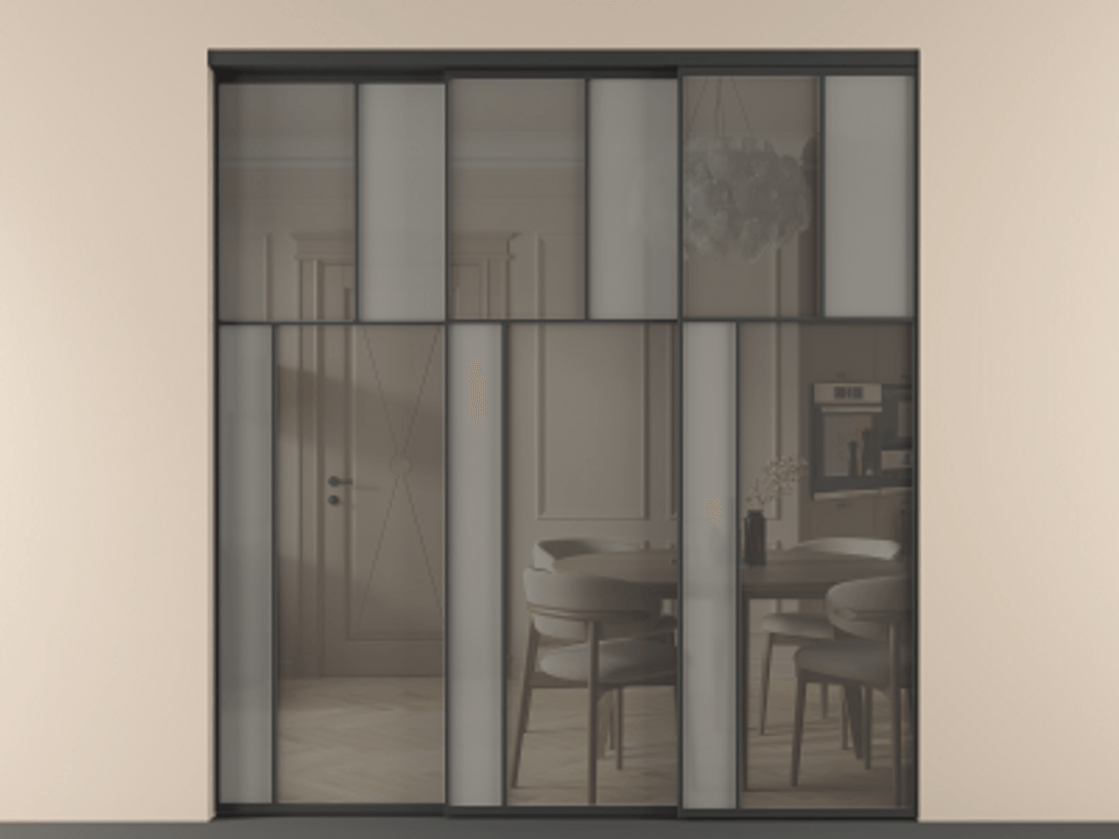 Перегородка Mosaic внутри проёма телескопик синхро 2 АЛПР 041.22 Алюминий Черный Сатинированное серое стекло, триплекс, 6 мм + Прозрачное серое стекло, триплекс Цена 2652680 AMD | Volhovec