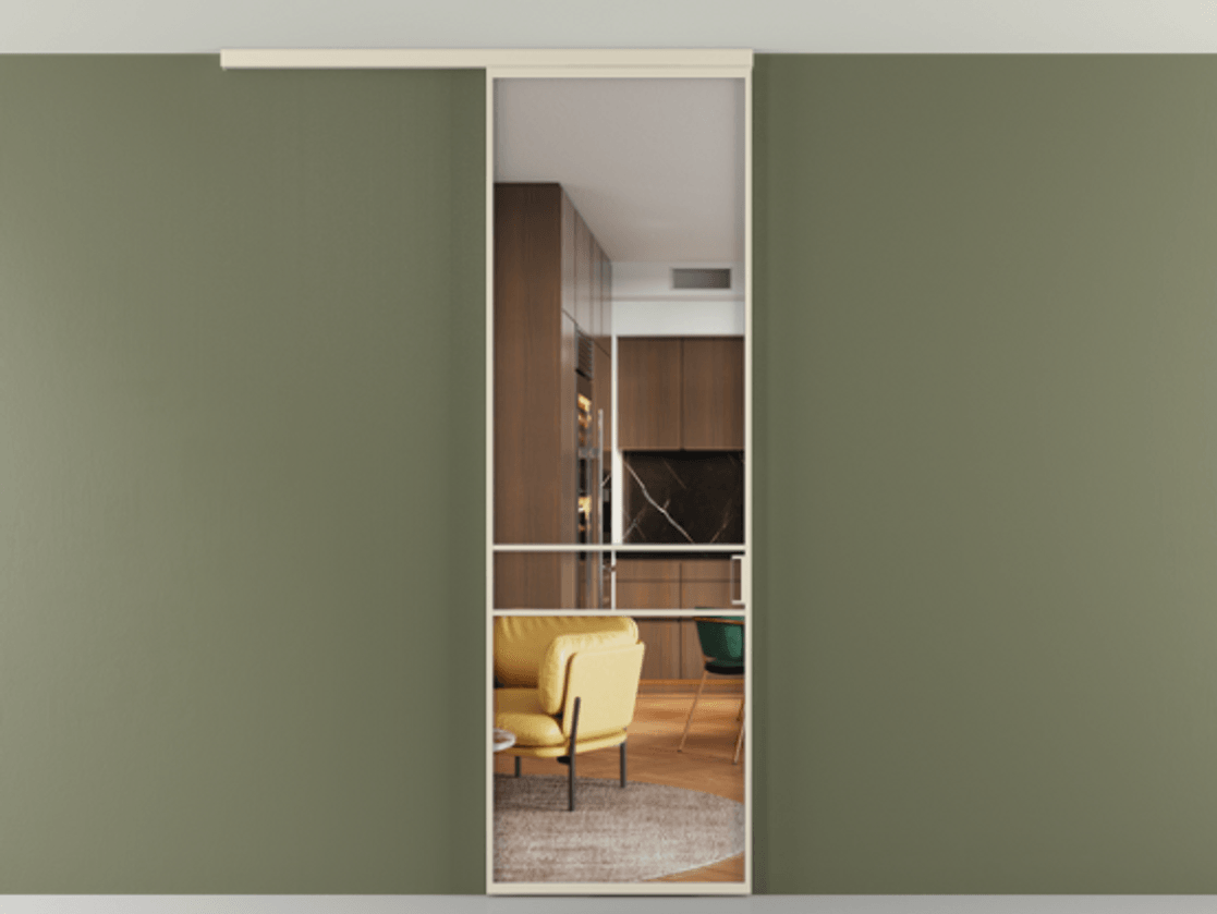 Перегородка Формато вдоль стены на потолок 1 створка АЛПР 040.02 Алюминий бежево-серый Прозрачное стекло "Кристал Вижн", калёное Цена 125510 ₽ | Volhovec