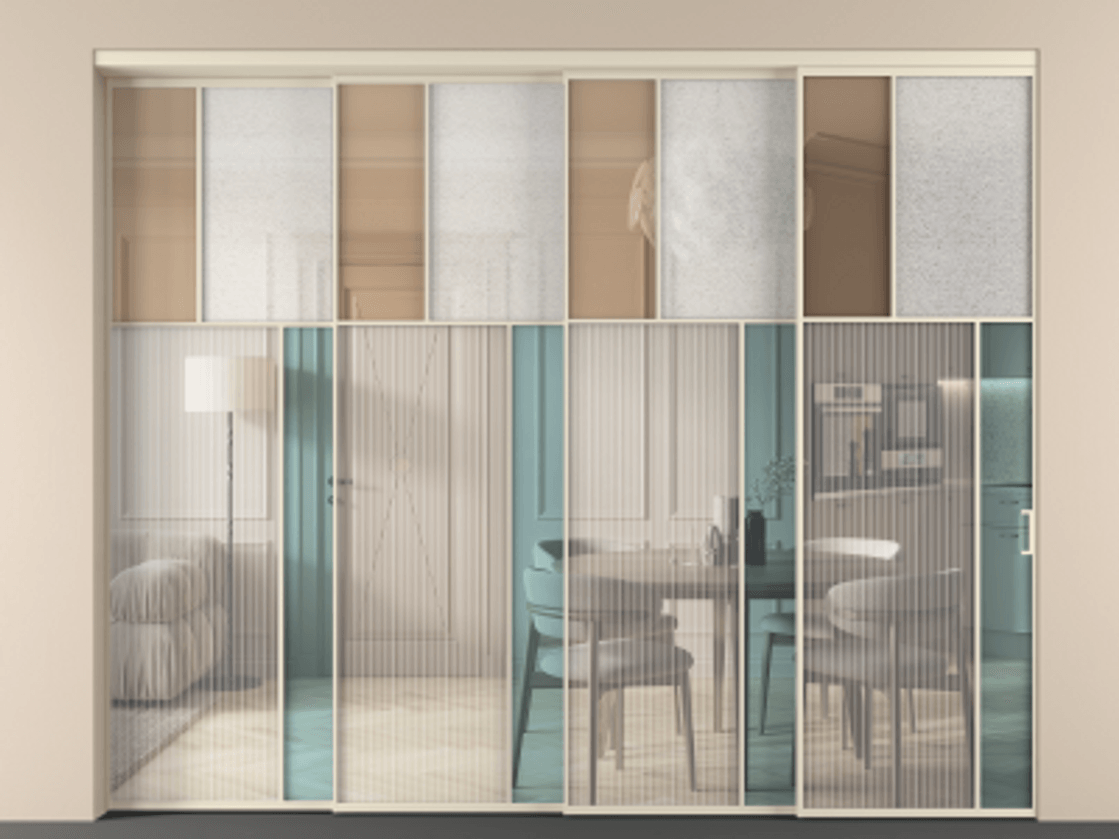 Перегородка Mosaic внутри проёма 4 створки с синхронным механизмом АЛПР 041.23 Алюминий бежево-серый Комбинация стекол Группы 1 и Группы 3. Цена 611520 ₽ . Фабрика дверей Волховец 8 (800) 551 43 19 Перегородка Mosaic внутри проёма 4 створки с синхронным механизмом АЛПР 041.23 Алюминий бежево-серый Комбинация стекол Группы 1 и Группы 3 Цена 611520 ₽ | Volhovec