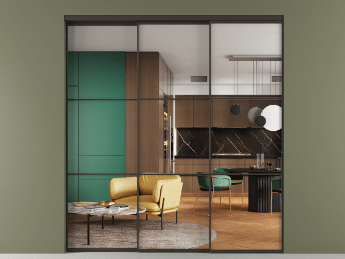 Перегородка Formato внутри проёма 3 створки с синхронным механизмом АЛПР 040.03 Алюминий антрацит Прозрачное стекло "Crystal Vision", калёное Цена 413600 ₽  | Volhovec