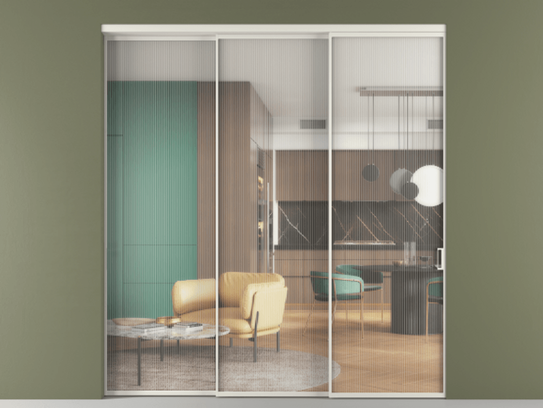 Перегородка Formato внутри проёма телескопик синхро 2 АЛПР 040.01 Алюминий Белый Рифлёное стекло "Moru", триплекс Цена 359500 ₽  | Volhovec