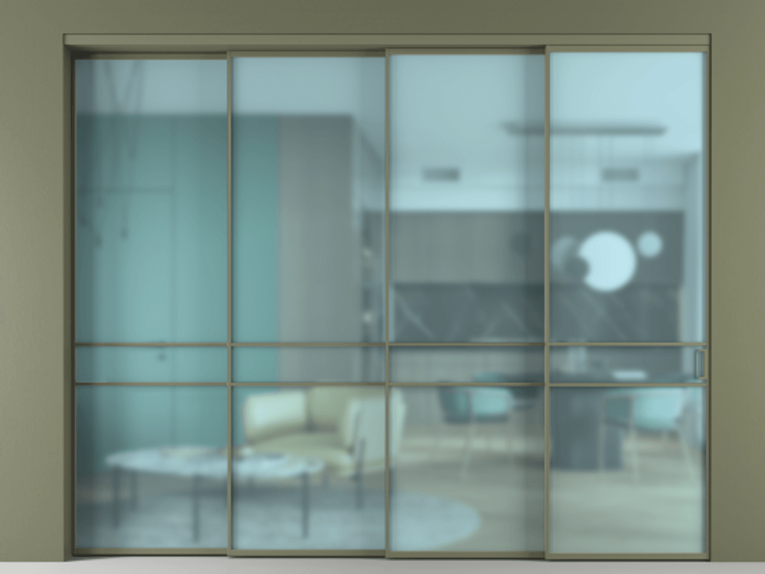 Перегородка Formato внутри проёма 4 створки с синхронным механизмом АЛПР 040.02 Алюминий оливковый тёмный Сатинированное голубое стекло, триплекс. Цена 510090 ₽ 1. Полотно 4 шт. (800/2100 мм)
2. Комплект установки раздвижной системы
3. Базовый комплект фурнитуры
4. Комплект фурнитуры телескопик синхро-3
5. Ручка RONDO
. Фабрика дверей Волховец 8 (800) 551 43 19 Перегородка Formato внутри проёма 4 створки с синхронным механизмом АЛПР 040.02 Алюминий оливковый тёмный Сатинированное голубое стекло, триплекс Цена 510090 ₽ | Volhovec