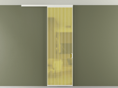 Алюминевая перегородка vd1_06 Алюминий светло-серый Сатинированное жёлтое стекло, триплекс, 6мм. Цвет Алюминий светло-серый. Материал Алюминий в эмали. Коллекция Перегородка Formato вдоль стены на потолок одностворчатая. Картинка.