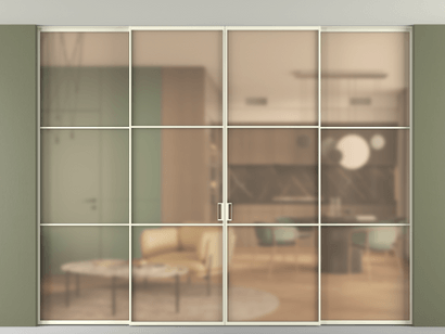 Алюминевая перегородка АЛПР 040.03_АМБ_САТ ОРАНЖ_new. Цвет Алюминий молочно-белый. Материал Алюминий в эмали. Коллекция Перегородка Formato внутри проёма четырёхстворчатая со скрытым креплением в потолок. Картинка.