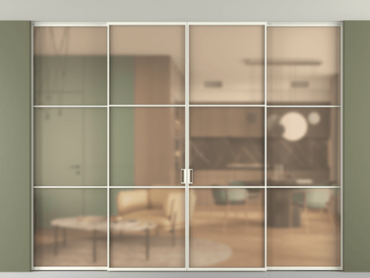 Алюминевая перегородка АЛПР 040.03_АЖМ_САТ ОРАНЖ_new. Цвет Алюминий жемчужный. Материал Алюминий в эмали. Коллекция Перегородка Formato внутри проёма четырёхстворчатая со скрытым креплением в потолок. Картинка.