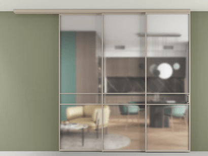 Алюминевая перегородка АЛПР 040.02_АБСК_Matelux Crystalvision_new. Цвет Алюминий бисквитный. Материал Алюминий в эмали. Коллекция Перегородка Formato вдоль стены на потолок телескопик синхро 3. Картинка.