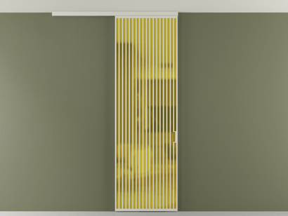 Алюминевая перегородка vd1_06 Алюминий тёплый серый Сатинированное жёлтое стекло, триплекс, 6мм. Цвет Алюминий тёплый серый. Материал Алюминий в эмали. Коллекция Перегородка Formato вдоль стены на потолок одностворчатая. Картинка.