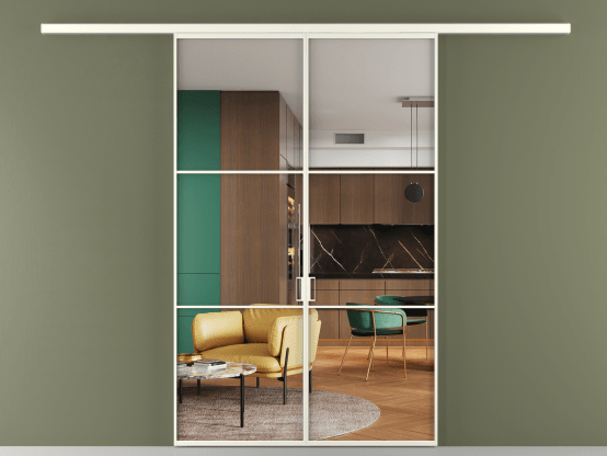 Алюминевая перегородка АЛПР 040.03_АЖМ_Crystalvision_new. Цвет Алюминий жемчужный. Материал Алюминий в эмали. Коллекция Перегородка Formato вдоль стены 2 створки. Картинка.