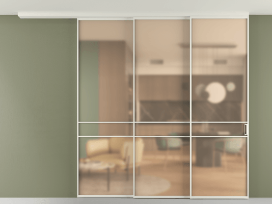 Алюминевая перегородка АЛПР 040.02_БЕЛ_САТ ОРАНЖ_new. Цвет Алюминий Белый. Материал Алюминий. Коллекция Перегородка Формато вдоль стены на потолок 3 створки с синхронным механизмом. Картинка.