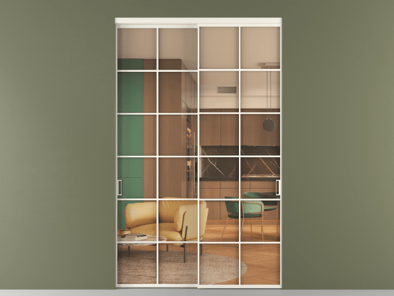 Алюминевая перегородка vn2_05_ Алюминий пудровый белый Прозрачное оранжевое стекло, триплекс, 6мм. Цвет Алюминий пудровый белый. Материал Алюминий в эмали. Коллекция Перегородка Formato внутри проёма 2 створки. Картинка.