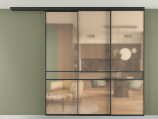 Алюминевая перегородка АЛПР 040.02_ЧРН_САТ ОРАНЖ_new. Цвет Алюминий Черный. Материал Алюминий. Коллекция Перегородка Формато вдоль стены на потолок 3 створки с синхронным механизмом. Картинка.