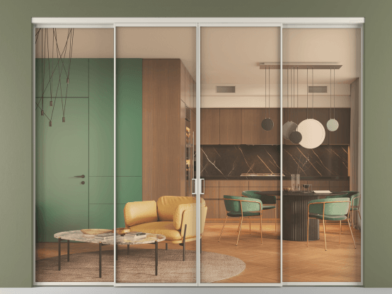 Алюминевая перегородка АЛПР 040.01_АОС_ПРОЗ ОРАНЖ_new. Цвет Алюминий облачно-серый. Материал Алюминий в эмали. Коллекция Перегородка Formato внутри проёма 4 створки. Картинка.