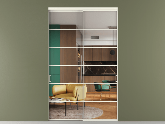 Алюминевая перегородка АЛПР 040.04_АЖМ_Crystalvision_new. Цвет Алюминий жемчужный. Материал Алюминий в эмали. Коллекция Перегородка Formato внутри проёма 2 створки. Картинка.