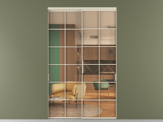 Алюминевая перегородка vn2_05_ Алюминий бежево-серый Прозрачное оранжевое стекло, триплекс, 6мм. Цвет Алюминий бежево-серый. Материал Алюминий в эмали. Коллекция Перегородка Formato внутри проёма 2 створки. Картинка.