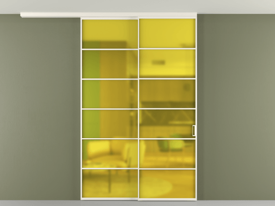 Алюминевая перегородка pv2_2_04_ Алюминий пудровый белый Сатинированное жёлтое стекло, триплекс, 6мм. Цвет Алюминий пудровый белый. Материал Алюминий в эмали. Коллекция Перегородка Formato вдоль стены на потолок 2 створки с синхронным механизмом. Картинка.