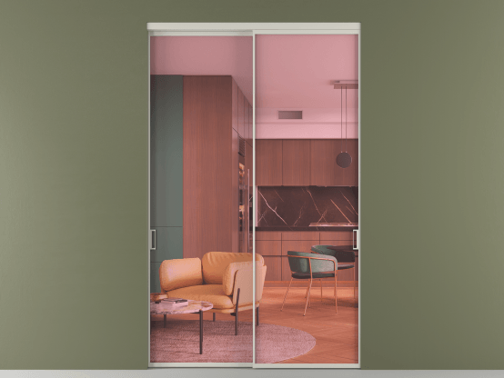 Алюминевая перегородка vn2_01_ Алюминий тёплый серый Прозрачное розовое стекло, триплекс, 6мм. Цвет Алюминий тёплый серый. Материал Алюминий в эмали. Коллекция Перегородка Формато внутри проёма 2 створки. Картинка.