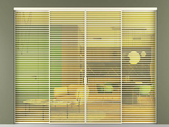 Алюминевая перегородка АЛПР 040.07_АМБ_ПРОЗ ЖЕЛ_new. Цвет Алюминий молочно-белый. Материал Алюминий в эмали. Коллекция Перегородка Формато внутри проёма 4 створки. Картинка.