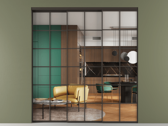 Алюминевая перегородка АЛПР 040.05_ААН_Crystalvision_new. Цвет Алюминий антрацит. Материал Алюминий в эмали. Коллекция Перегородка Formato внутри проёма 3 створки с синхронным механизмом. Картинка.