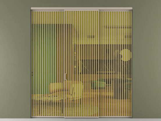 Алюминевая перегородка АЛПР 040.06_АБСК_ПРОЗ ЖЕЛ_new. Цвет Алюминий бисквитный. Материал Алюминий в эмали. Коллекция Перегородка Formato внутри проёма 3 створки. Картинка.