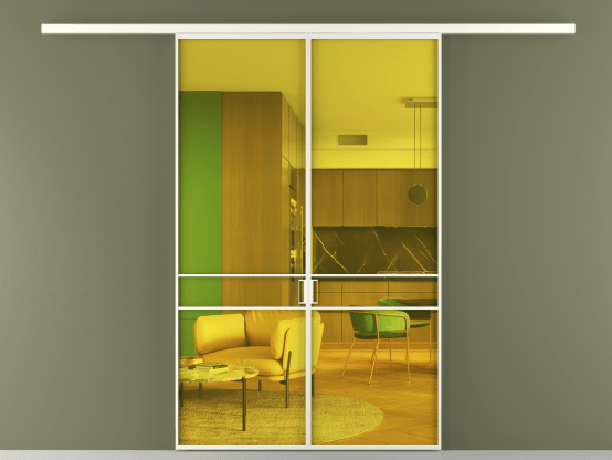 Алюминевая перегородка АЛПР 040.02_АЖМ_ПРОЗ ЖЕЛ_new. Цвет Алюминий жемчужный. Материал Алюминий в эмали. Коллекция Перегородка Formato вдоль стены 2 створки. Картинка.