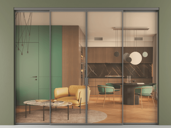 Алюминевая перегородка АЛПР 040.01_АКЛС_ПРОЗ ОРАНЖ_new. Цвет Алюминий классический серый. Материал Алюминий в эмали. Коллекция Перегородка Formato внутри проёма 4 створки. Картинка.