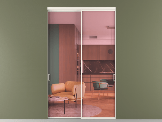 Алюминевая перегородка vn2_01_ Алюминий пудровый белый Прозрачное розовое стекло, триплекс, 6мм. Цвет Алюминий пудровый белый. Материал Алюминий в эмали. Коллекция Перегородка Формато внутри проёма 2 створки. Картинка.