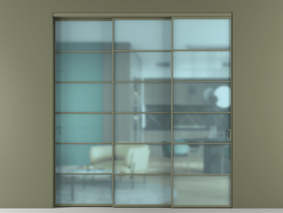 Алюминевая перегородка АЛПР 040.04_АОТ_САТ ГОЛ_new. Цвет Алюминий оливковый тёмный. Материал Алюминий в эмали. Коллекция Перегородка Формато внутри проёма 3 створки с синхронным механизмом. Картинка.