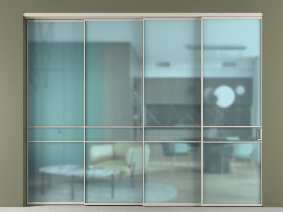 Алюминевая перегородка АЛПР 040.02_АСБЖ_САТ ГОЛ_new. Цвет Алюминий светло-бежевый. Материал Алюминий в эмали. Коллекция Перегородка Formato внутри проёма 4 створки с синхронным механизмом. Картинка.