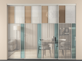 Алюминевая перегородка vntl4_2 Алюминий тёплый серый Четыре стекла. Цвет Алюминий тёплый серый. Материал Алюминий в эмали. Коллекция Перегородка Mosaic внутри проёма 4 створки с синхронным механизмом. Картинка.