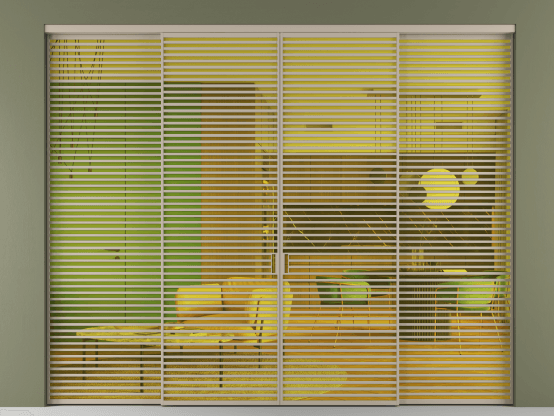 Алюминевая перегородка АЛПР 040.07_АБСК_ПРОЗ ЖЕЛ_new. Цвет Алюминий бисквитный. Материал Алюминий в эмали. Коллекция Перегородка Формато внутри проёма 4 створки. Картинка.