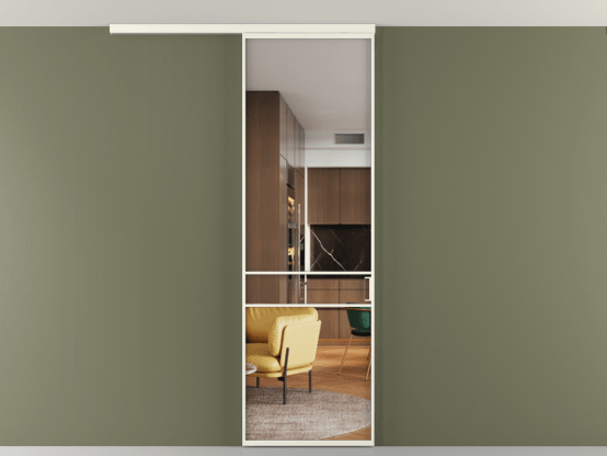 Алюминевая перегородка АЛПР 040.02_АЖМ_Crystalvision_new. Цвет Алюминий жемчужный. Материал Алюминий в эмали. Коллекция Перегородка Формато вдоль стены на потолок 1 створка. Картинка.