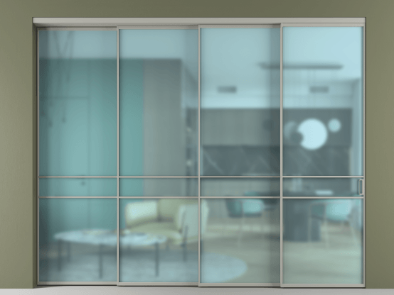 Алюминевая перегородка АЛПР 040.02_АНСР_САТ ГОЛ_new. Цвет Алюминий нейтральный серый. Материал Алюминий в эмали. Коллекция Перегородка Formato внутри проёма 4 створки с синхронным механизмом. Картинка.