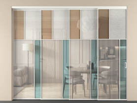 Алюминевая перегородка vntl4_2 Алюминий светло-серый Четыре стекла. Цвет Алюминий светло-серый. Материал Алюминий в эмали. Коллекция Перегородка Mosaic внутри проёма 4 створки с синхронным механизмом. Картинка.