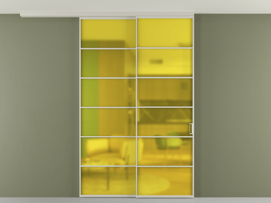 Алюминевая перегородка pv2_2_04_ Алюминий тёплый серый Сатинированное жёлтое стекло, триплекс, 6мм. Цвет Алюминий тёплый серый. Материал Алюминий в эмали. Коллекция Перегородка Formato вдоль стены на потолок 2 створки с синхронным механизмом. Картинка.