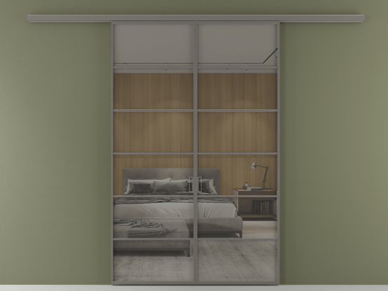 Алюминевая перегородка АЛПР 040.04_АКЛС_Stopsol Grey_new. Цвет Алюминий классический серый. Материал Алюминий в эмали. Коллекция Перегородка Formato вдоль стены 2 створки. Картинка.