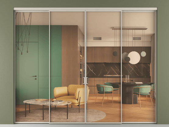 Алюминевая перегородка АЛПР 040.01_АСБЖ_ПРОЗ ОРАНЖ_new. Цвет Алюминий светло-бежевый. Материал Алюминий в эмали. Коллекция Перегородка Formato внутри проёма 4 створки. Картинка.