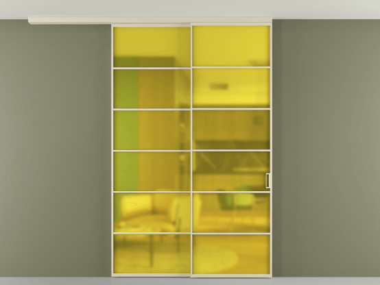 Алюминевая перегородка pv2_2_04_ Алюминий бежево-серый Сатинированное жёлтое стекло, триплекс, 6мм. Цвет Алюминий бежево-серый. Материал Алюминий в эмали. Коллекция Перегородка Formato вдоль стены на потолок 2 створки с синхронным механизмом. Картинка.