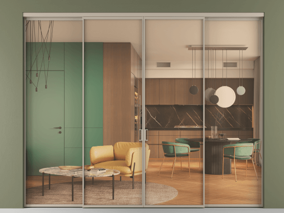 Алюминевая перегородка АЛПР 040.01_АБСК_ПРОЗ ОРАНЖ_new. Цвет Алюминий бисквитный. Материал Алюминий в эмали. Коллекция Перегородка Formato внутри проёма 4 створки. Картинка.