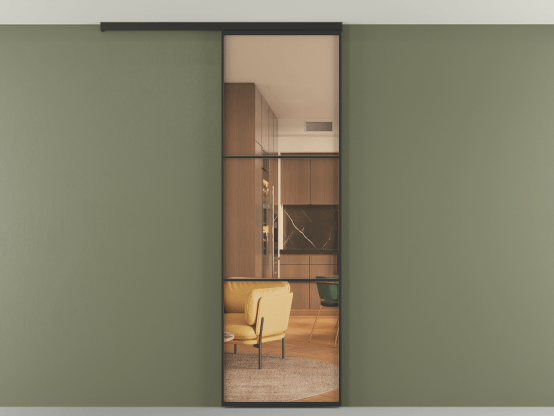 Алюминевая перегородка АЛПР 040.03_ЧРН_ПРОЗ ОРАНЖ_new. Цвет Алюминий Черный. Материал Алюминий. Коллекция Перегородка Формато вдоль стены на потолок 1 створка. Картинка.