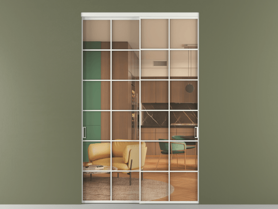 Алюминевая перегородка vn2_05_ Алюминий светло-серый Прозрачное оранжевое стекло, триплекс, 6мм. Цвет Алюминий светло-серый. Материал Алюминий в эмали. Коллекция Перегородка Formato внутри проёма 2 створки. Картинка.