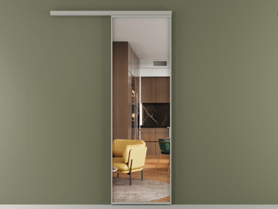 Алюминевая перегородка АЛПР 040.01_АНСР_Crystalvision_new. Цвет Алюминий нейтральный серый. Материал Алюминий в эмали. Коллекция Перегородка Формато вдоль стены 1 створка. Картинка.