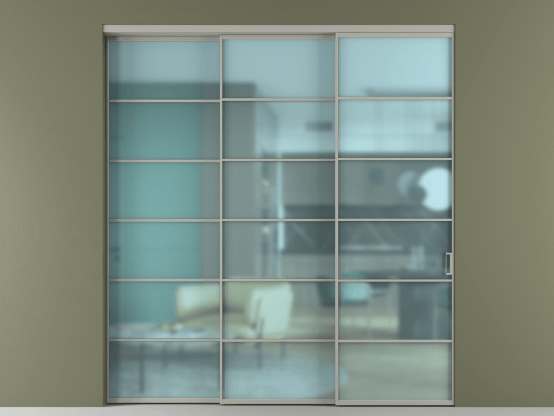 Алюминевая перегородка АЛПР 040.04_АНСР_САТ ГОЛ_new. Цвет Алюминий нейтральный серый. Материал Алюминий в эмали. Коллекция Перегородка Формато внутри проёма 3 створки с синхронным механизмом. Картинка.