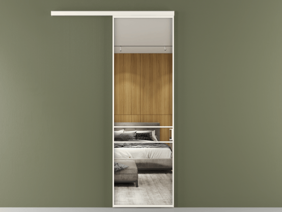 Алюминевая перегородка vd1_02_ Алюминий пудровый белый Двустороннее зеркало. Цвет Алюминий пудровый белый. Материал Алюминий в эмали. Коллекция Перегородка Formato вдоль стены 1 створка. Картинка.