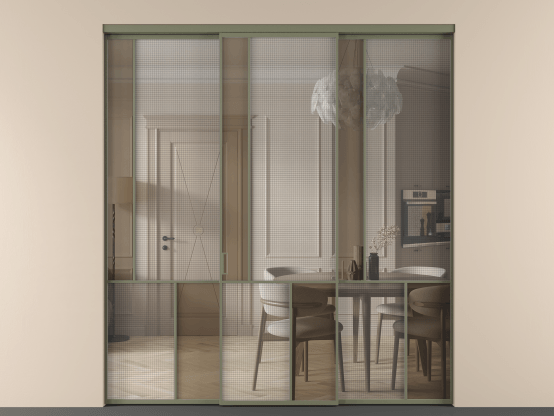 Алюминевая перегородка vn3_3_АОТ_MS+Бронза триплекс_new. Цвет Алюминий оливковый тёмный. Материал Алюминий в эмали. Коллекция Перегородка Mosaic внутри проёма 3 створки. Картинка.