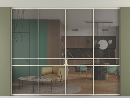 Алюминевая перегородка vn2+2_02 Алюминий бежево-серый Серый прозрачное. Цвет Алюминий бежево-серый. Материал Алюминий в эмали. Коллекция Перегородка Formato внутри проёма скрытое крепление в потолок 4 створки. Картинка.